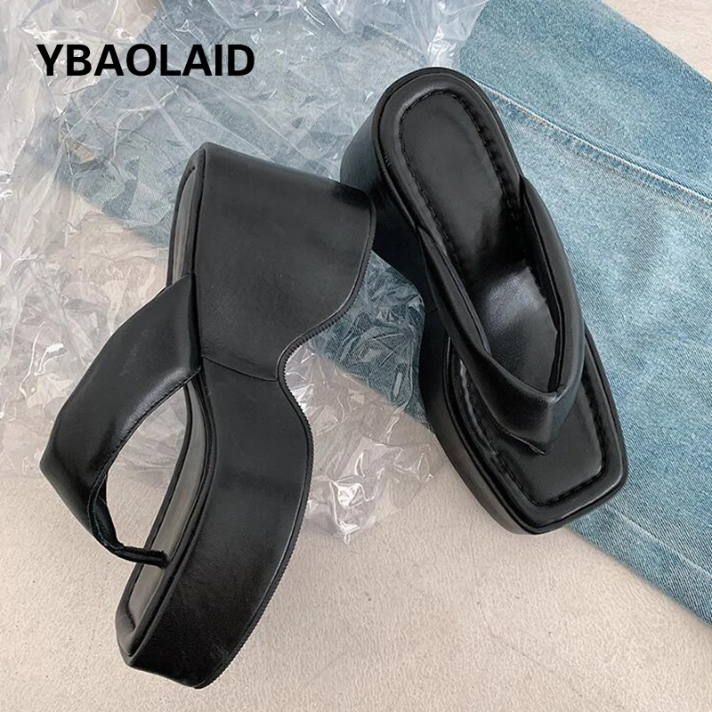 

Wedge High Heel Flip Flops Women Slippers Solid Genuine Leather Platform Height Increasing Fashion Beach Slippers Holiday Shoes