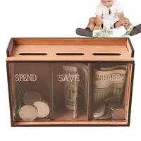 Money Bank 3 Compartments Wooden Coin Bank with Removable Lid Money Storage Organizer Reusable Money Box Wood Piggy Bank 1