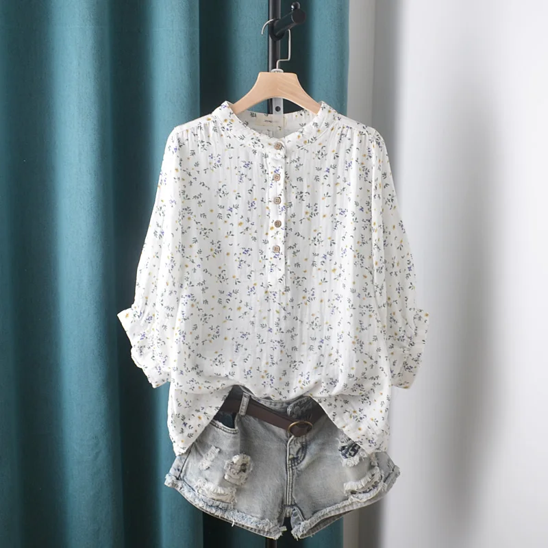 

Vintage Cotton Floral Women Shirts Summer 2023 Straight Loose Female Outwear Coats Tops