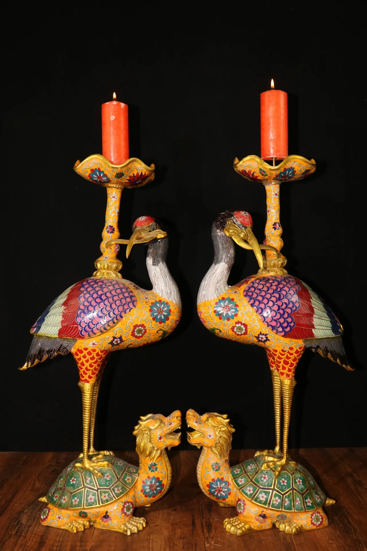 

25"Tibetan Temple Collection Old Bronze Cloisonne Enamel Flower Texture Longevity Crane Tread Dragon turtle Candlestick A pair