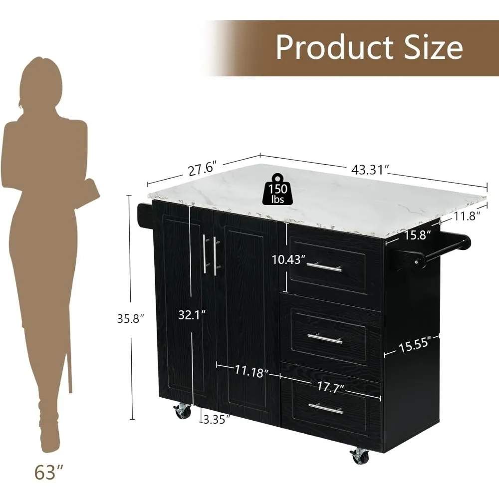 Kitchen Island with Storage, White Marble Tabletop, Rolling Kitchen Island Cart on Wheels Table for Black