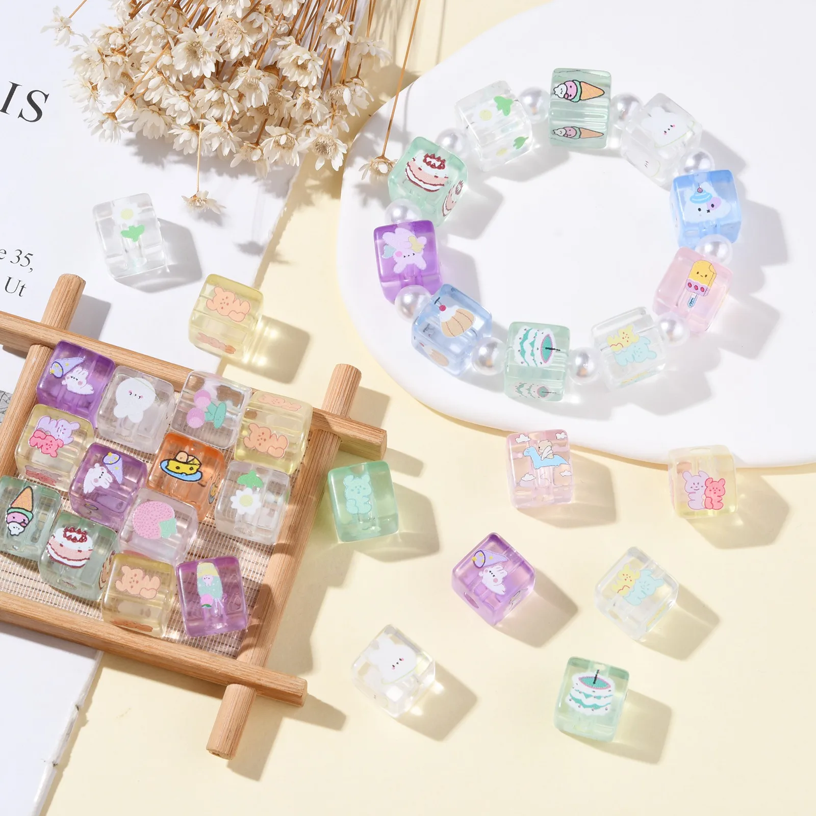 PandaHall 50Pcs Random Color Printed Square Shape Acrylic European Beads Cute Acrylic Beads with Large Hole for Jewelry Making