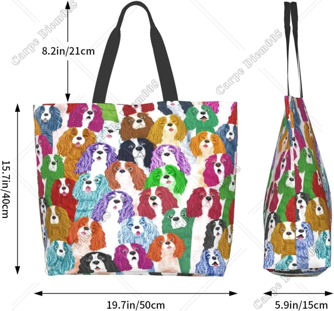 Charming Tie Dye King Charles Spaniel Puppy Tote Bag - Reusable and Colorful Shoulder Bag with Cute Cartoon Design