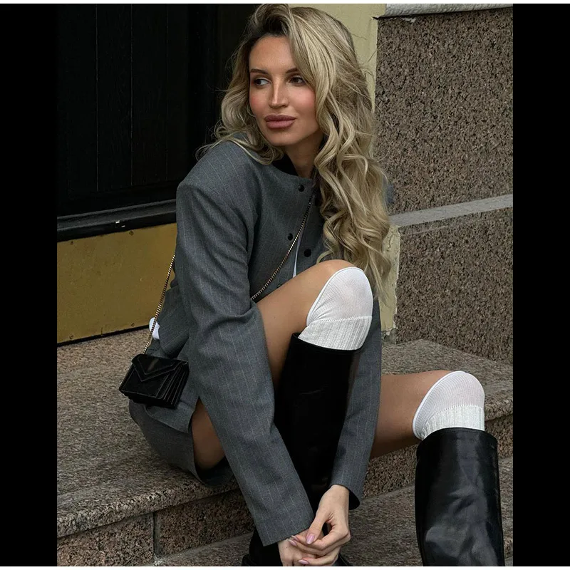 Striped Short Jackets Skirts Set Women Casual Long Sleeve Suit Coat Mini Skirt Sets Female Elegant Chic Gray Outfits Streetwear
