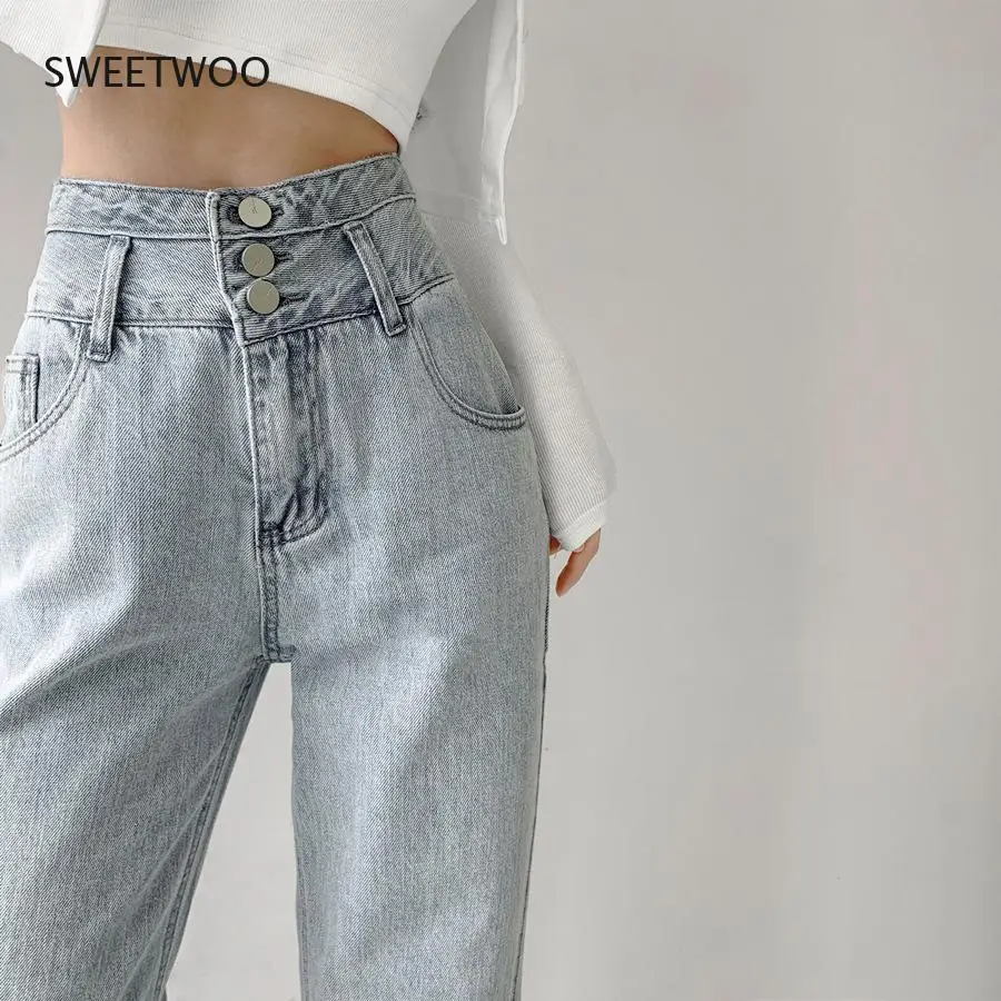 

2022 Fashion High Waist Straight Women Jeans Vintage Hip-Hop Denim Pants Lightblue Wide Leg Jeans Chic