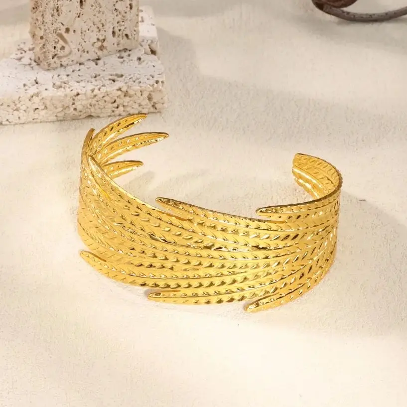 Geometric Bold Feather Cuff Bracelet For Women Gold Color Stainless Steel