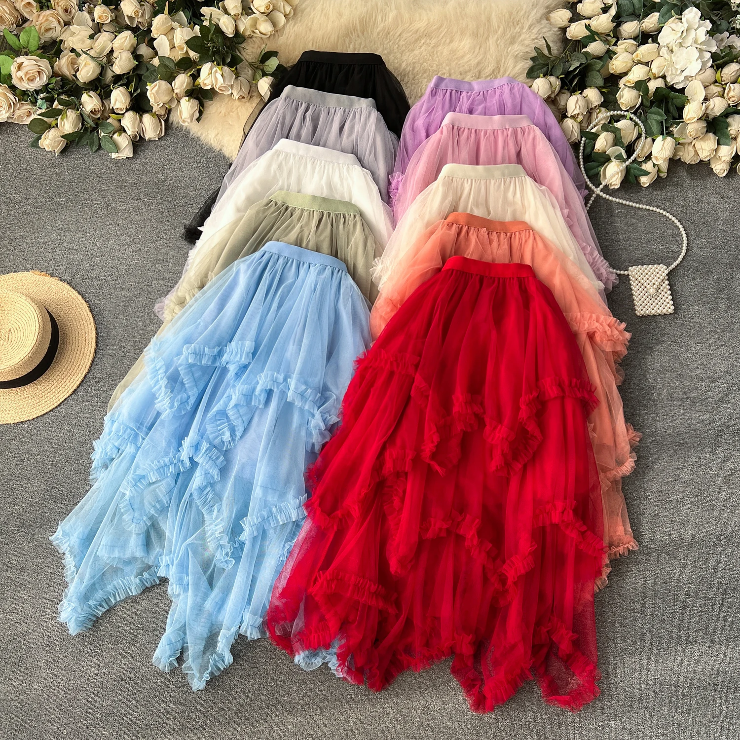 

Irregular Mesh Cake Chic Longskirts for Women 2023 Autumn Tulle Fluffy Skirts Womens A-line Skirt Female French Style Dropship