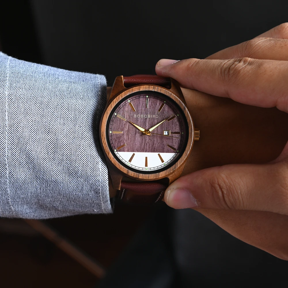 Men's watch BOBO BIRD Leather Strap Quartz Watch Time Display Men Wooden Wristwatch Personalised With Gift Box  For Man Dropship