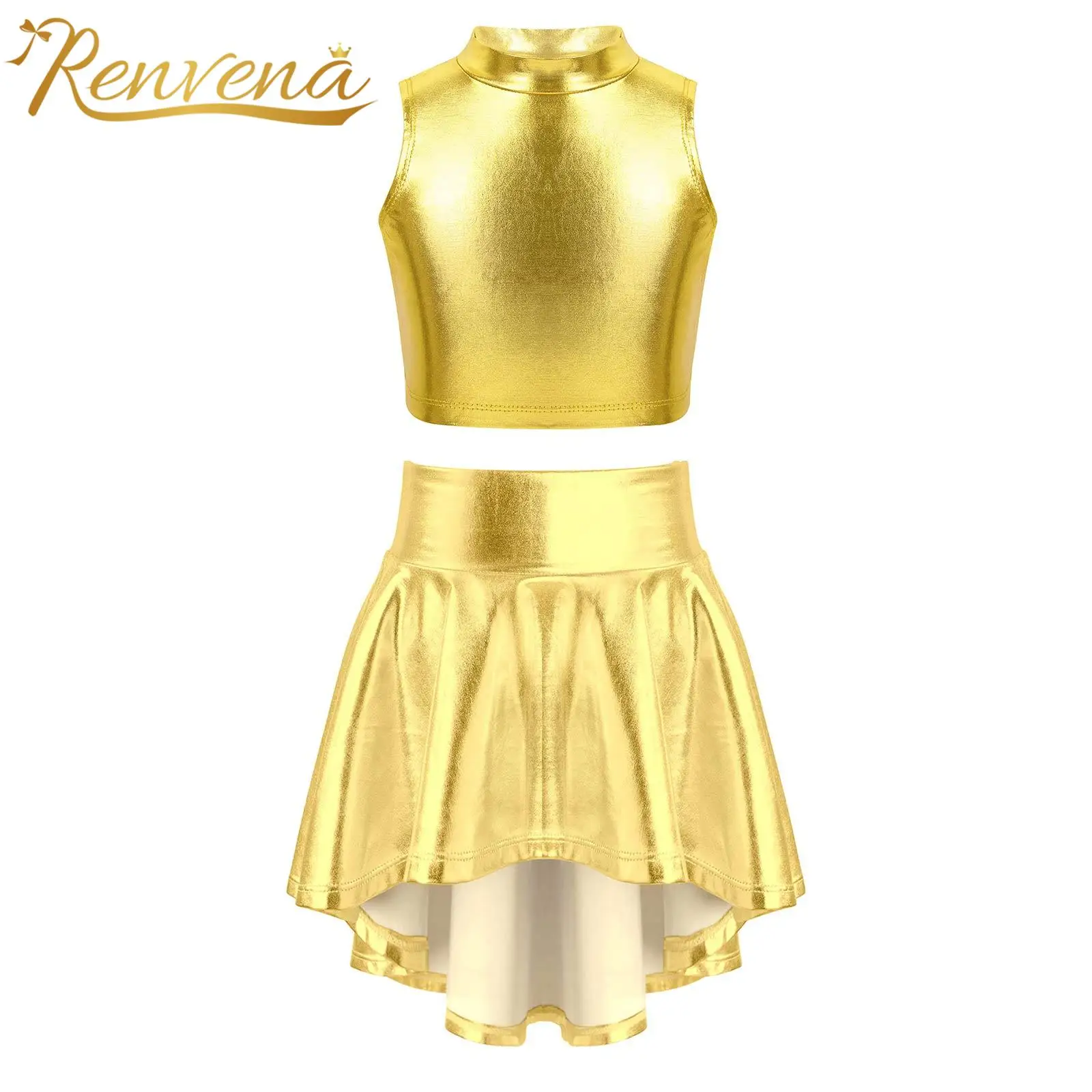 

Kids Girls Metallic Dance Outfits Sleeveless Crop Top with Skirt for Jazz Dancing Stage Performance Dancewear Hip Hop Sets