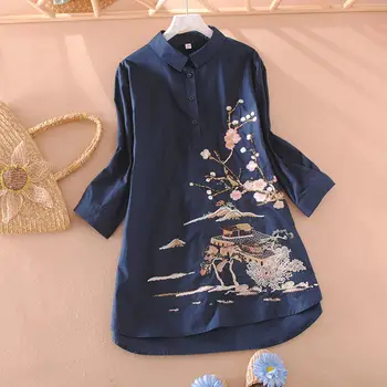 Camicia con colletto POLO pullover di media lunghezza stile etnico con fiori ricamati per donna Camicia con maniche a tre quarti primaverili e autunnali