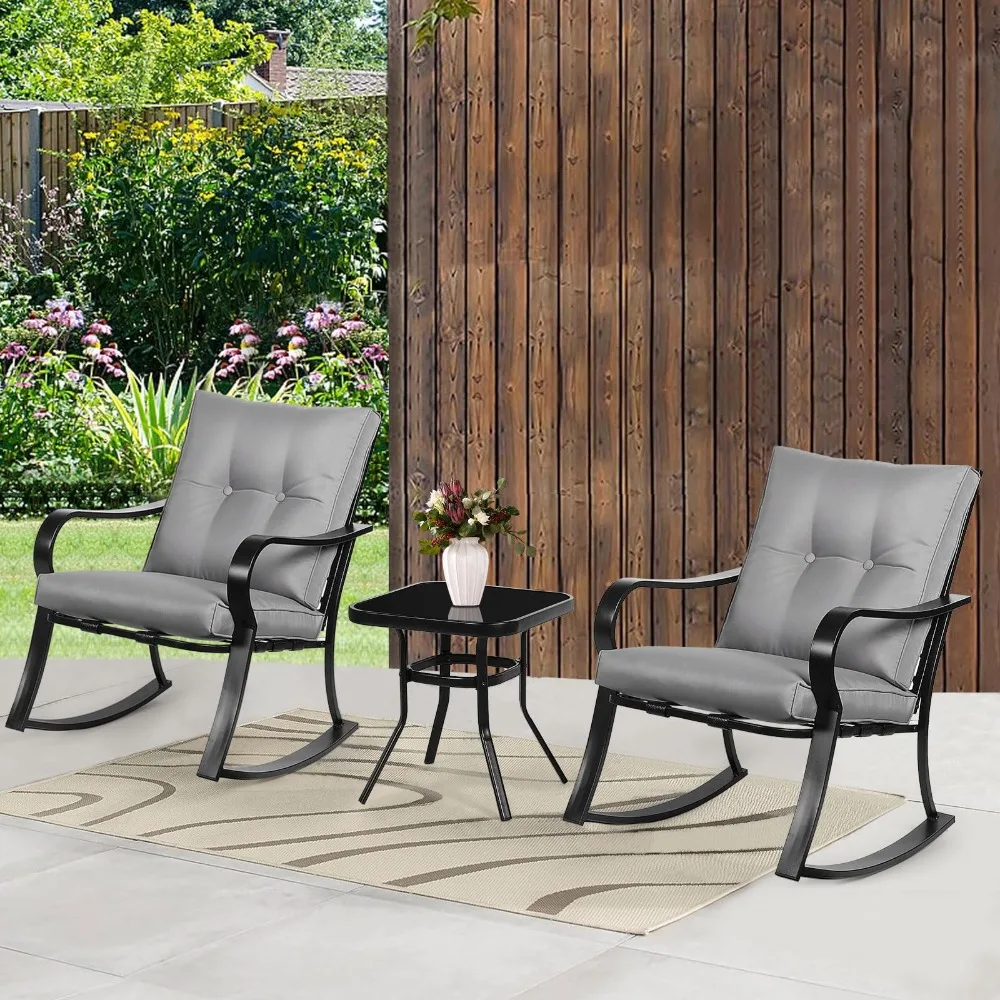 

Outdoor Rocking Chairs, Patio Furniture, 3 Piece Patio Set Bistro Table Set with Thickened Cushions and Glass Coffee Table