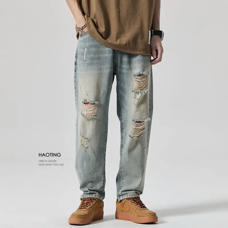American retro washed distressed jeans, men's loose pants, casual and versatile pants for spring and summer ripped jeans