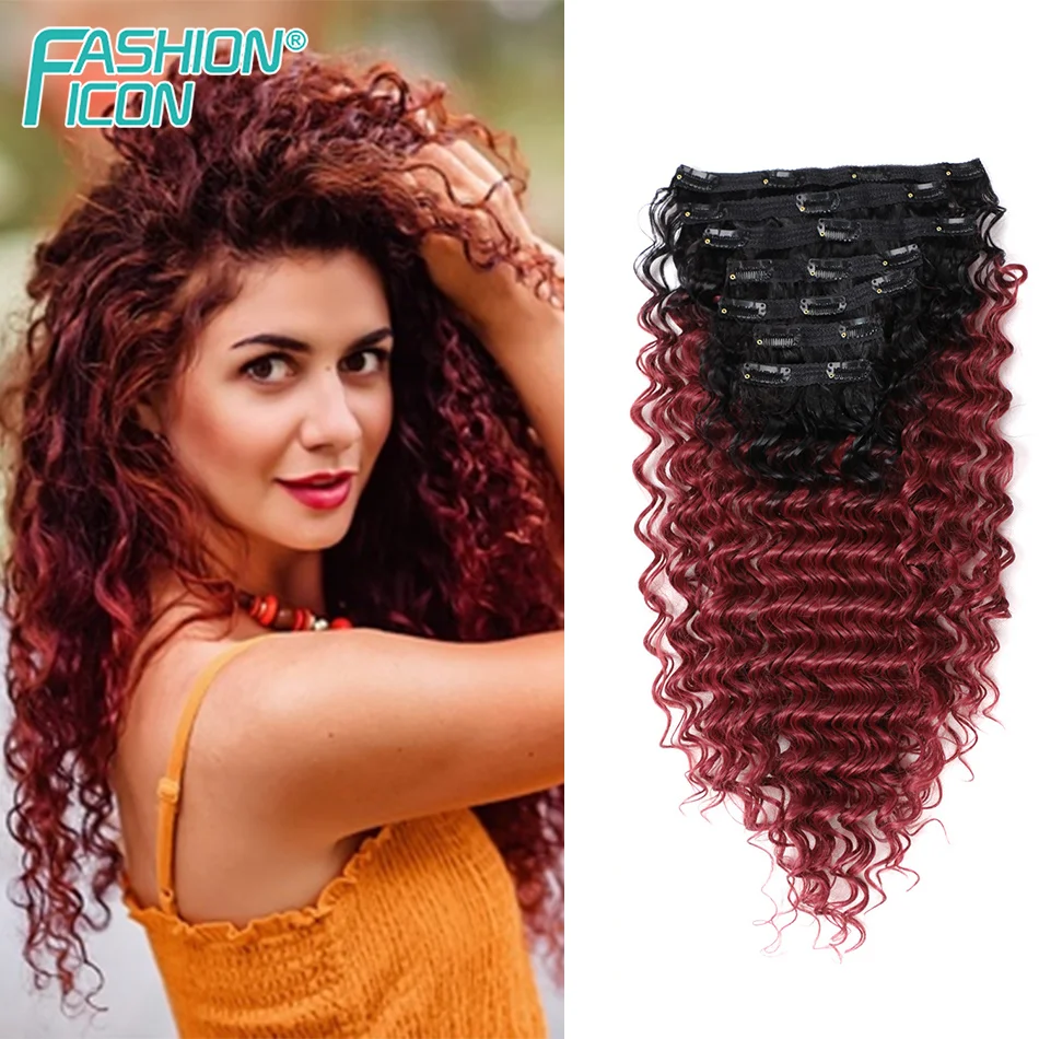 Synthetic Deep Wave Clip In Hair Extensions 7pcs Full Head Ombre Black Burgundy 24inch Curly Organic Fiber Clip ins For Women