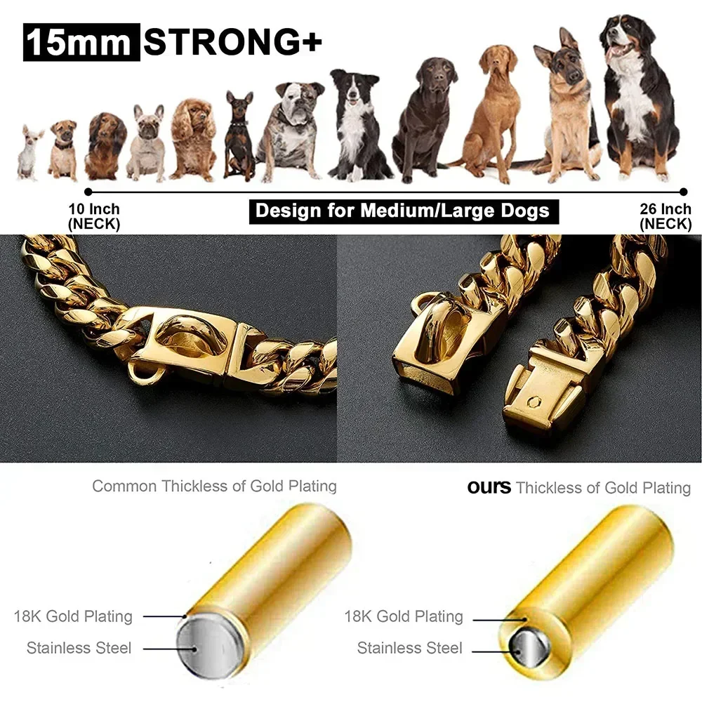 Strong Stainless Steel Gold Large Dog Collar with Safety Buckle 14MM Cuban Link Chain Training Necklace Walk Doberman Titanium