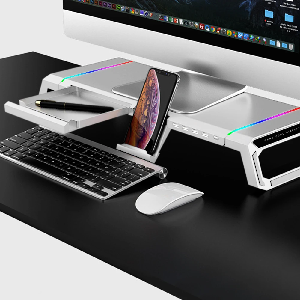 RGB 데스크탑 모니터 홀더 4 USB 2.0 노트북 스탠드 베이스 컴퓨터 스크린 라이저