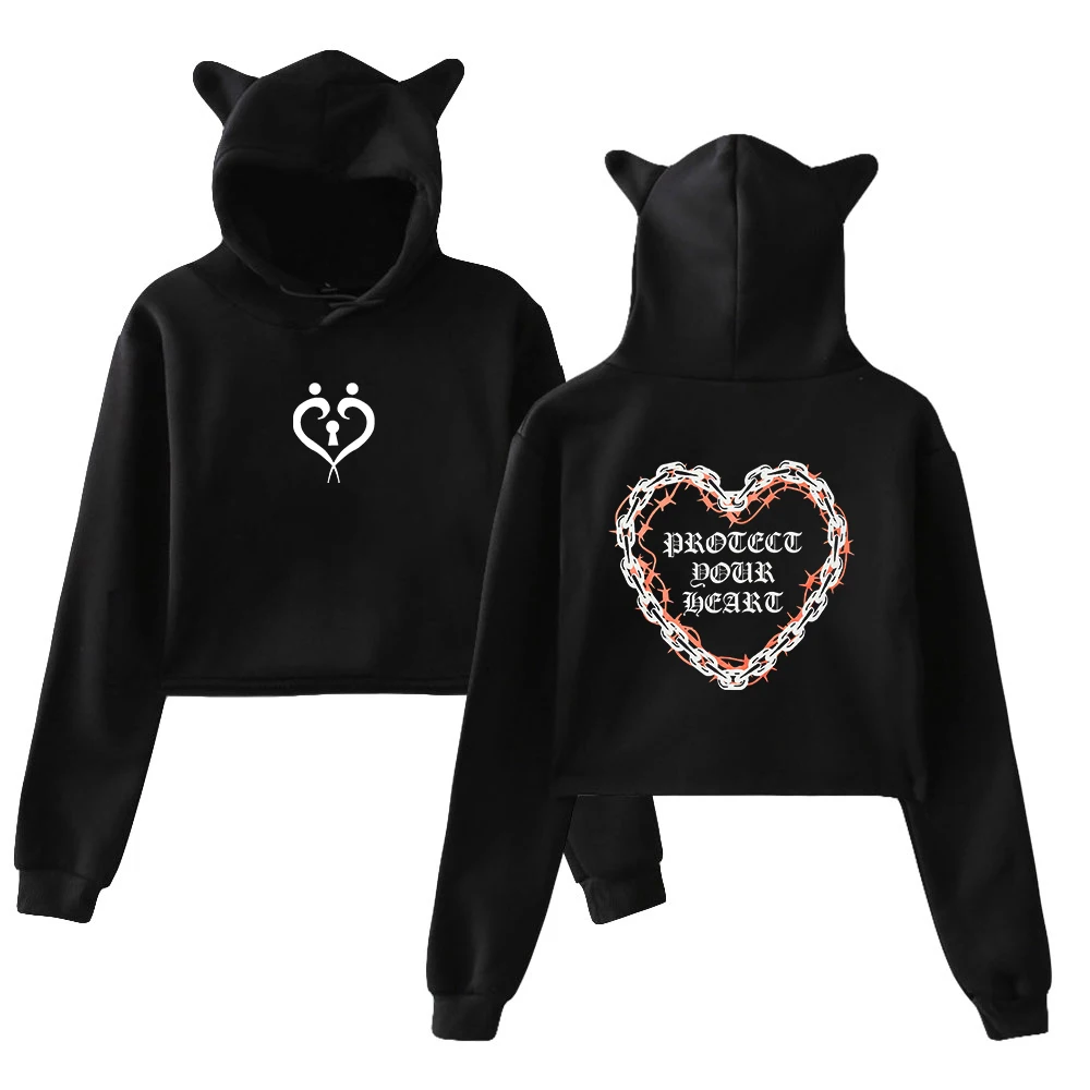 

Sam and Colby XPLR Protect Your Heart Pullover Cat Ears Hoodie Long Sleeve Cropped Top XPLR Holiday 2023 Merch Women's Clothes