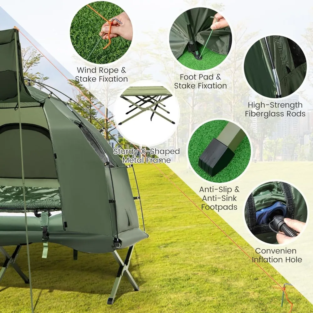 5-in-1 Folding Camping Tent Cot with Air Mattress, Pillow, Sleeping Bag & Elevated Tent Shelter 6