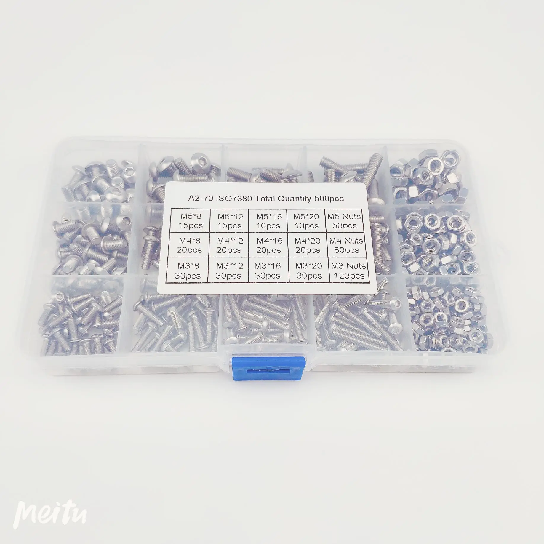 500Pcs 304 Stainless Steel M3M4M5 Pan Head Screw Bolt Nut Round Head Hexagon Socket Screw Box Set