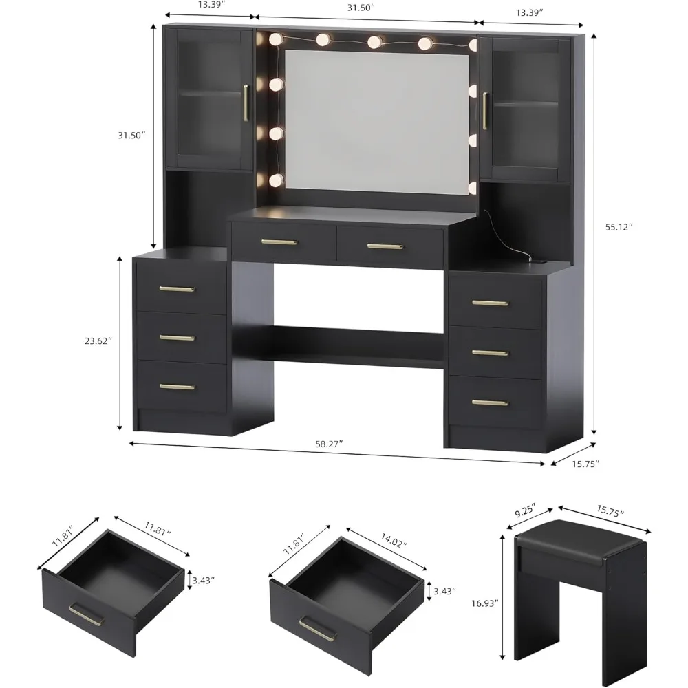 Makeup Vanity Desk with Mirror and Lights, Makeup Vanity with Lights & Charging Station, Dressing Table Vanity Set Table 3