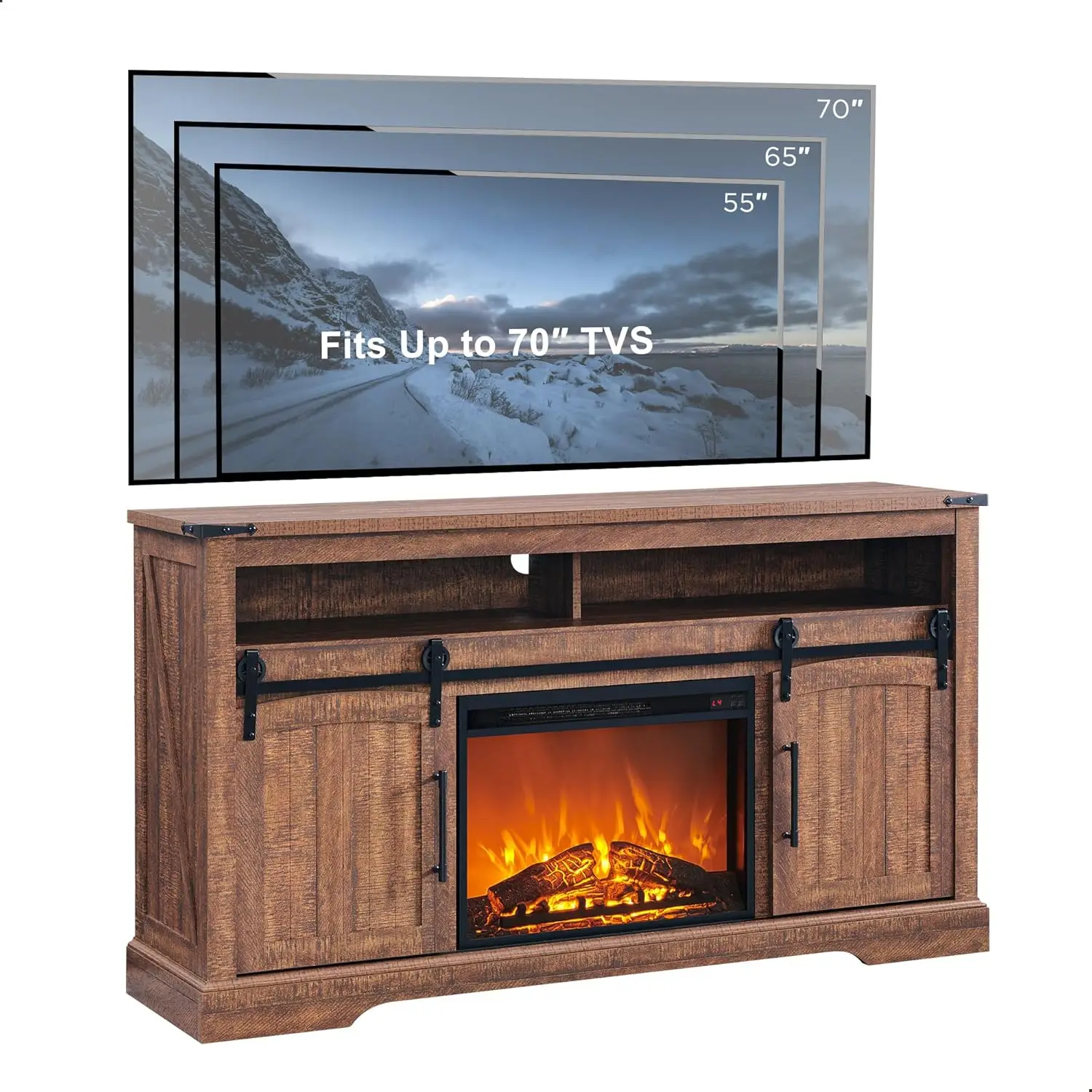 Farmhouse Fireplace TV Stand for 70 Inch TV, 34" Tall Highboy Entertainment Center with 23" Electric Fireplace, Rustic Media