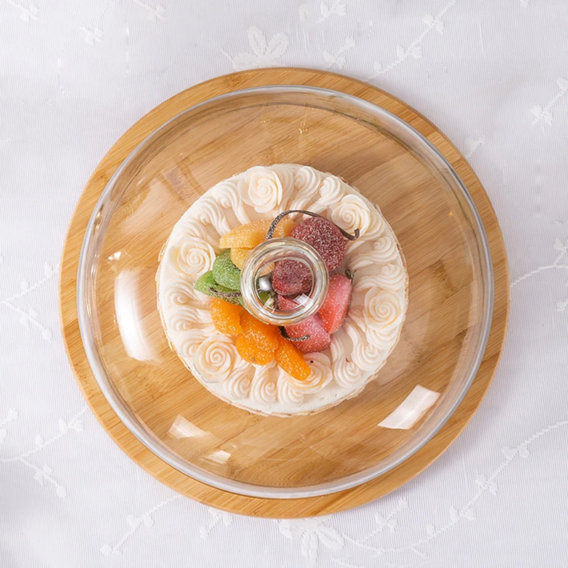 Creative Transparent Glass Food Covers Cake Glass Cover With Wood Tray Food Dessert Dust-proof Protective Cover Dia 24/26/29cm
