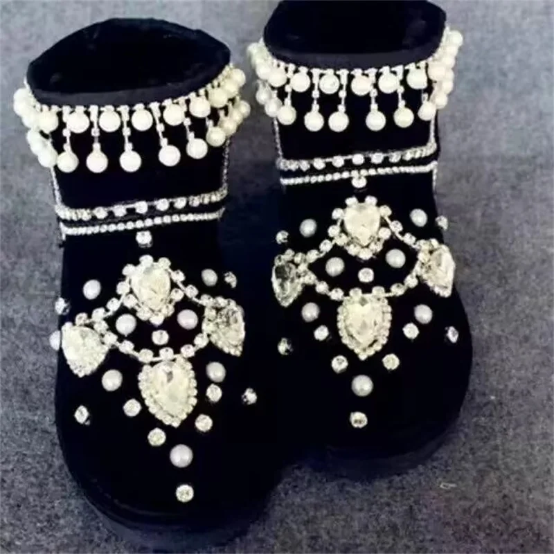 

Classic hand-made mid-calf boots Pearl rhindiamonds winter warm boots with fleece men and women plus size 35-44