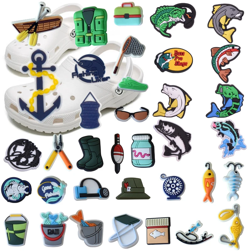 36pc Fishing Liker Club Croc Charms Silicone Wristband Ornament Party Gift Male Pin Clog Backpack Accessories Bulk Wholesale