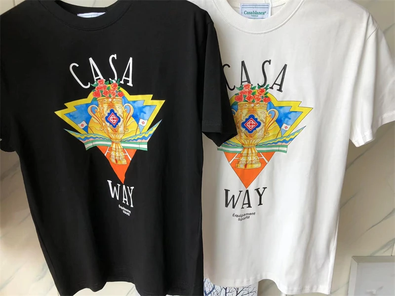 

23SS High Quality 1:1 Golden Cup Casablanca T-Shirt Men Women High Quality White BlackT Shirt Top Tee Bermudas