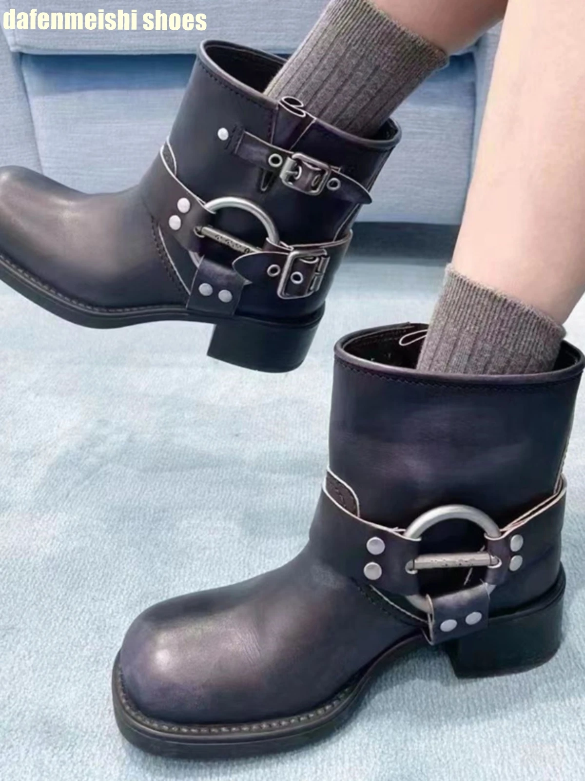 

2023 New Fashion Boots for Women Metal Buckle Retro High Heel Short Boots Black/brown Thick Heel Platform Punk Motorcycle Boots