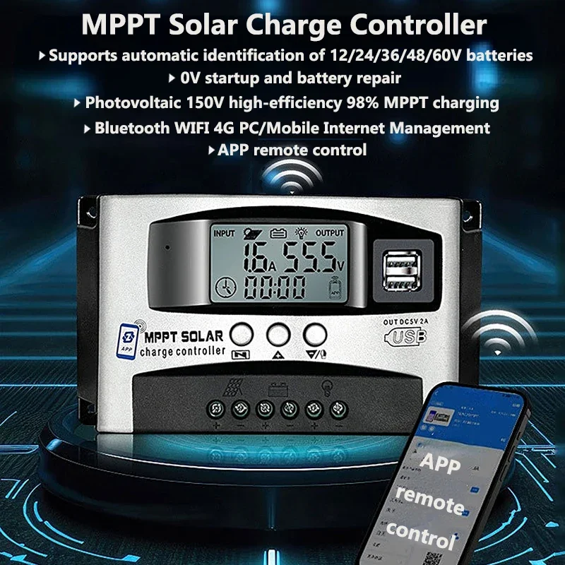 MPPT 10A 30A 40A 50A 60A Solar Charge Controller 18V~150V Input Step-down Charging 12V 24V 36V 48V 60V Auto Bluetooth Regulator solar battery charge controller