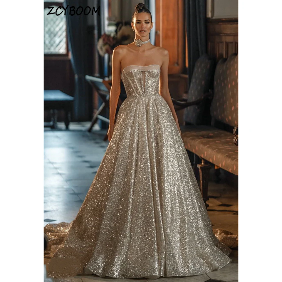 

Charming Champagne Strapless Shiny Wedding Dress 2023 A-Line Floor Length Sweep Train Tulle Zipper Custom Made Evening Dress