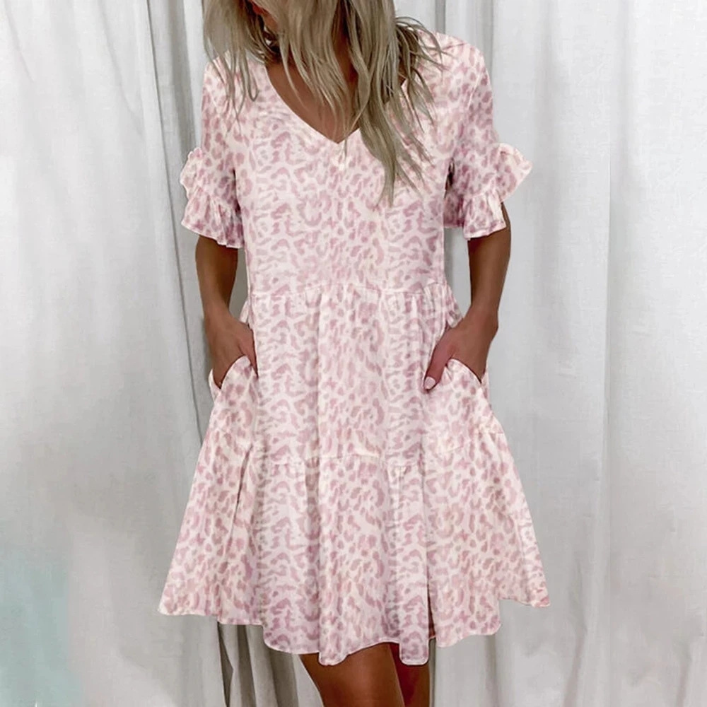 Women Elegant Ruffles Mini Dress 2022 Summer V-Neck Floral Print Dresses Casual Patchwork Loose Pocket A-Line Party Vestidos lulus dresses Dresses