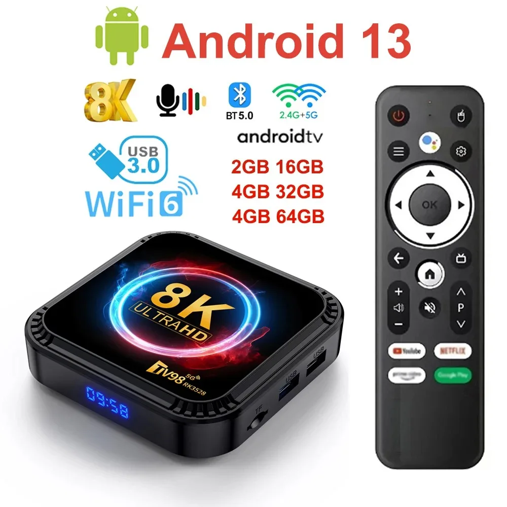 

ТВ-приставка WIFI6, Android 13, USB3.0, 16/64 ГБ, 8K, RK3528 ,WIFI6 Android 13 TV Stick USB3.0 Smart TV Box 16GB/64GB 8K RK3528 Dual Wifi BT5.0 Set Top Box 2GB16GB Voice Remote Media Player