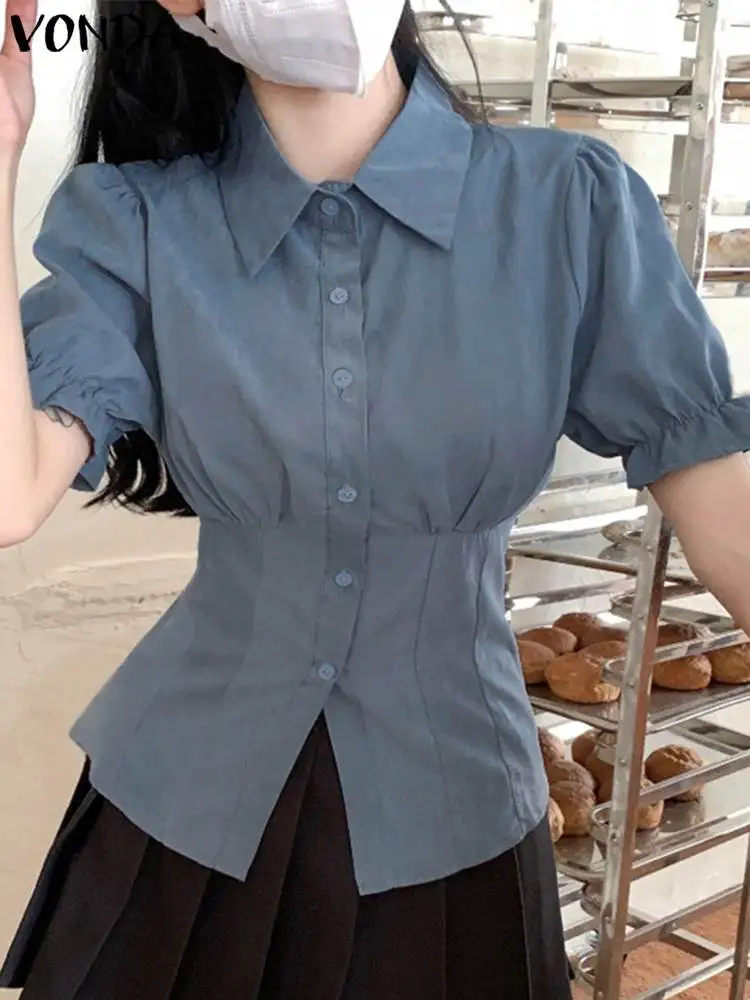 

Women Ruffled Blouses VONDA Casual Short Sleeve Tops Summer Shirts 2023 Fashion Tunic Elegant Solid Color Lapel Femininas Blusas