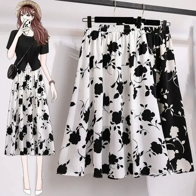 Large size high waist slimming large size women's rose skirt summer medium length elegant hip cover casual dress