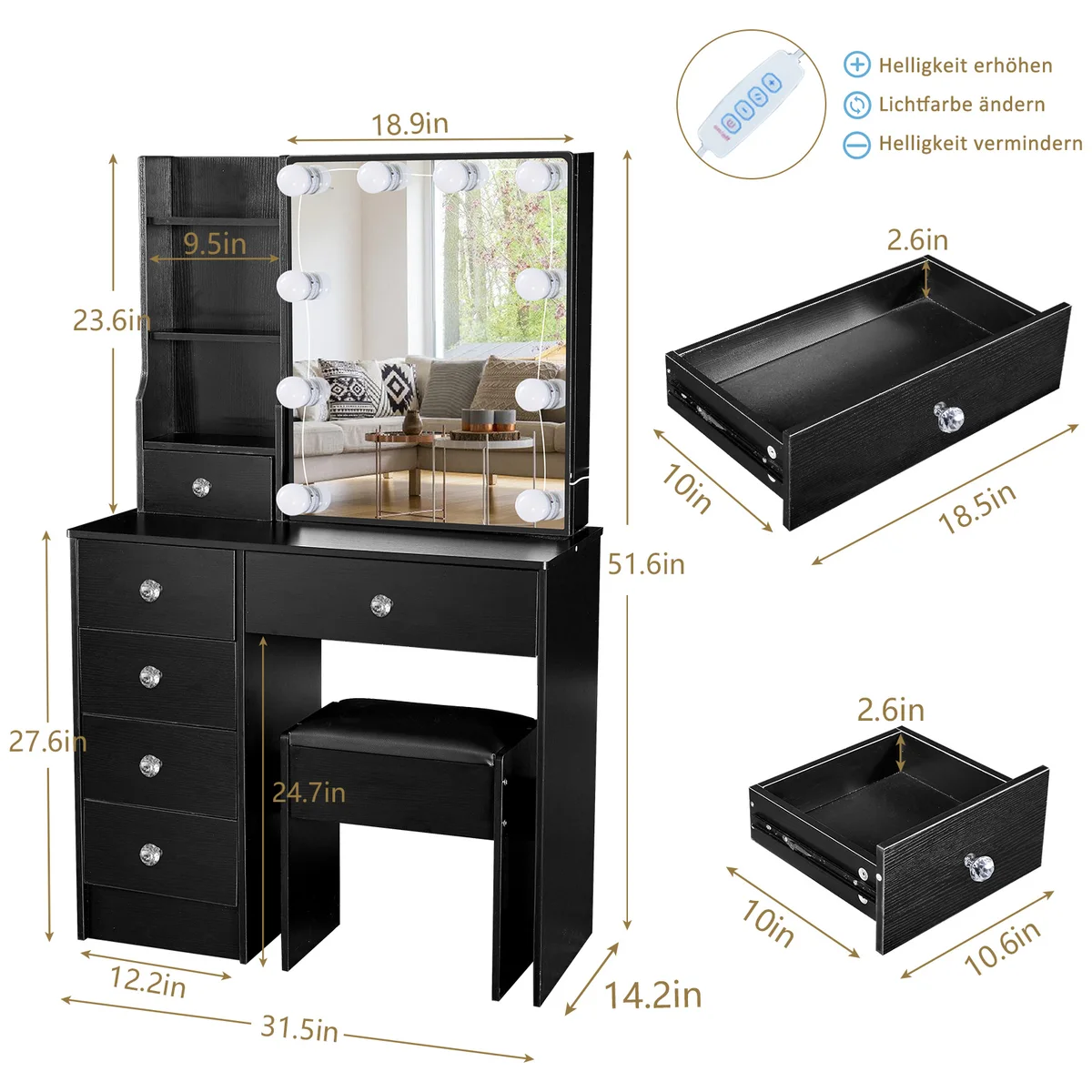 Rustic wooden makeup vanity with lit mirror: three adjustable lights, drawers & storage shelves — view 6