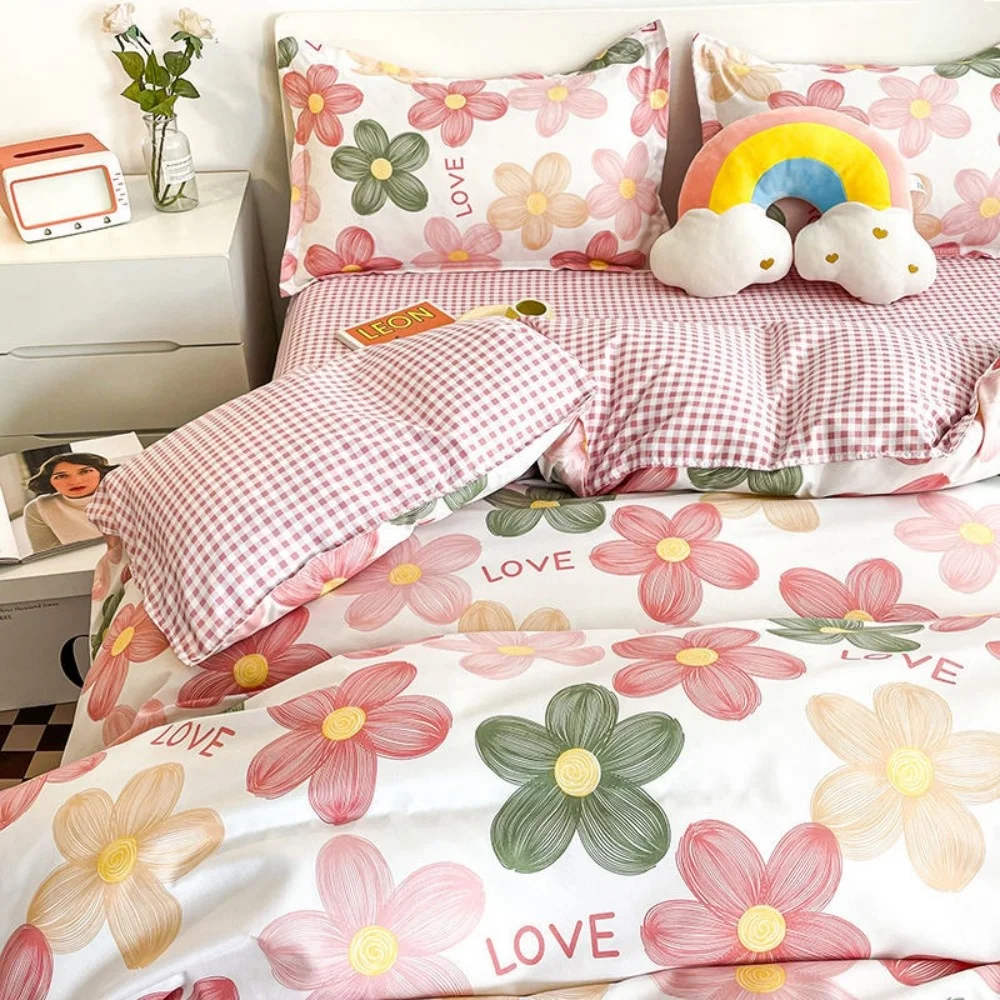 

Pink Flower Double Sided Comforter Bedding Set King Queen Full Twin Single Size Bed Linen Cartoon Tiger Duvet Cover Flat Sheet