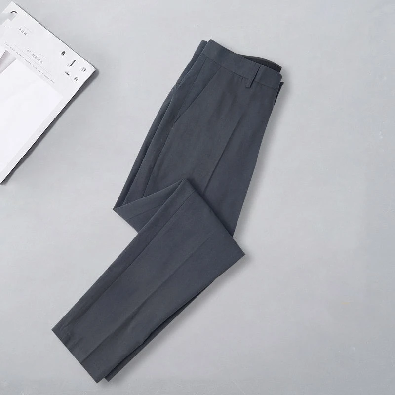 Men's 2024 Summer New Solid Color Trousers Business Casual Spliced Pockets Button Zipper High Waisted Slim Straight Suit Pants