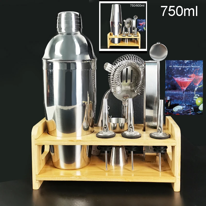 1-10Pcs/Set 750ml 750/600ml Cocktail Shaker Shakers With Wood Stand Bartender Bar Tools