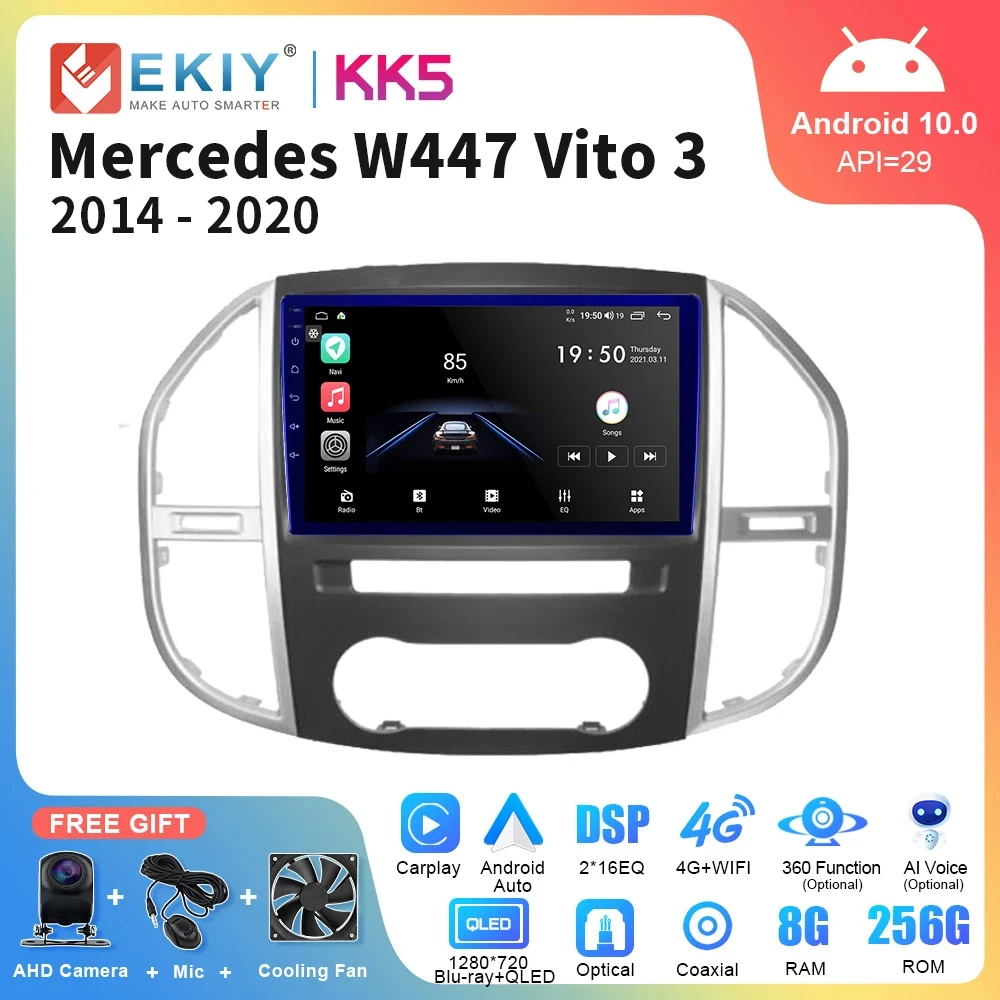 9 Inch Touchscreen 2 DIN Autoradio Compatibel met Mercedes Benz Vito 3 W447 2014-2020 met Carplay/Android Auto FM RDS DAB Radio WiFi 4G Draadloze Carplay Android Auto BT 5.0 DSP(NF-4