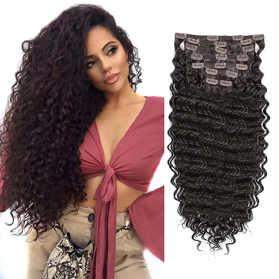 Synthetische Clip In Hair Extensions Lange Volledige Hoofd Dikke Diepe Golf/Straight Natuurlijke Zwarte Nep Organische Haar stuk Clip Op|Synthetische Clip-in één stuk| - AliExpress