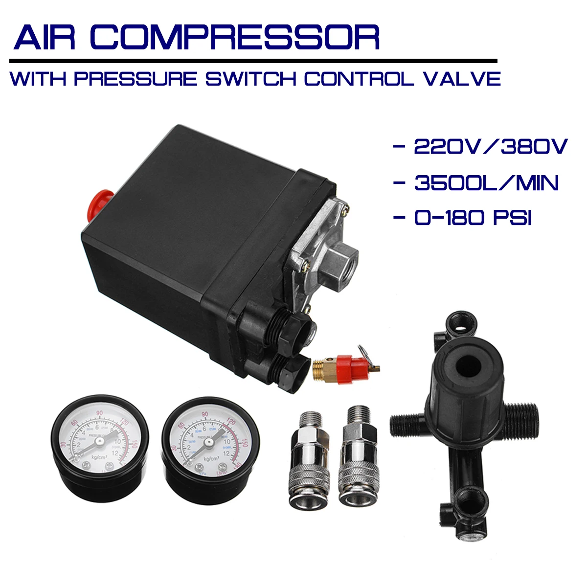 

240V/380V Switch AC Regulator Heavy Duty Air Compressor Pump Air Pump Control Valve 7.25-125 PSI with Gauge Pressure Control