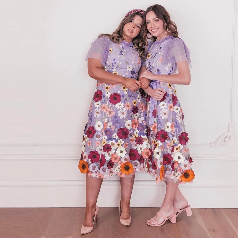 

Sevintage Lavender 3D Flowers Prom Dresses Lace Appliques Cap Sleeves Sweetheart Tea-length A-Line Evening Party Gown 2023
