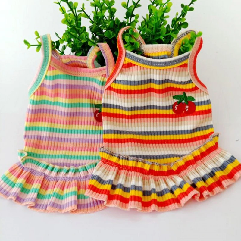 Rainbow Suspender Skirt Dog Clothes Cute Sweet Pet Princess Dress Color Striped Cherry Cat Skirt Skin Friendly Pet Dog Supplies