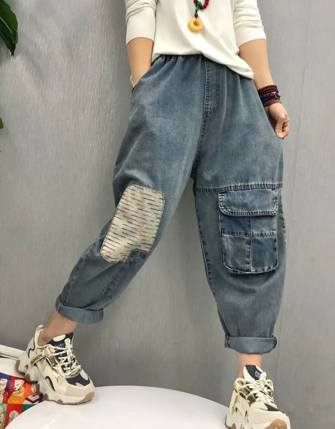 purple brand jeans Summer Jeans Women 2022 Vintage Loose Big Pocket Ankle-length Pants Female High Waist Harem Pants Ladies Thin Patchwork Jeans black jeans