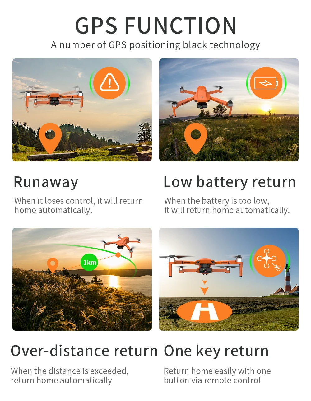 KF102 MAX GPS Drone, low battery return When battery is too low, return home automatically . over-distance