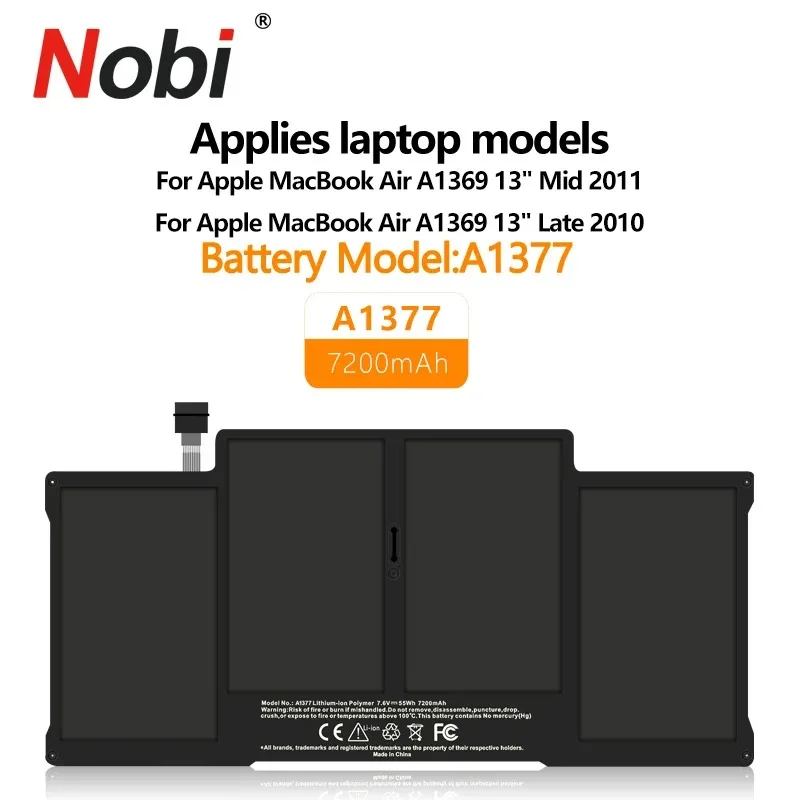

NOBI A1377 Laptop Battery For Apple Macbook Air 13.3'' A1369 Battery MC504 2010 7.6V 55Wh 7200mAh Batteries Tools Free Shipping