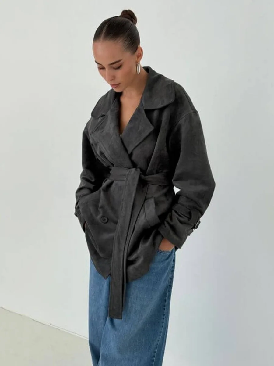 Bornladies Autumn Winter Women's Fashion Retro Jacket Suede Belted Waist Short Trench Coat New Lapel Jacket