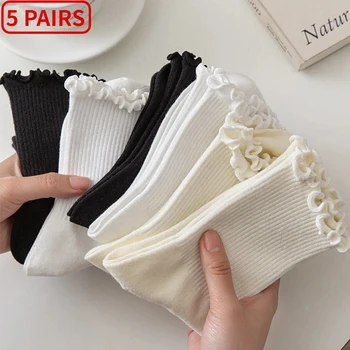 5 pair /Lot Socks for Women Ruffle Cotton Middle Tube Ankle Short