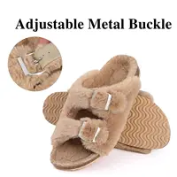 Crestar Women Fuzzy Slippers with Cork Footbed Fluffy Slide Sandals Open Toe Indoor House Shoes Arch Support Adjustable Slippers 2